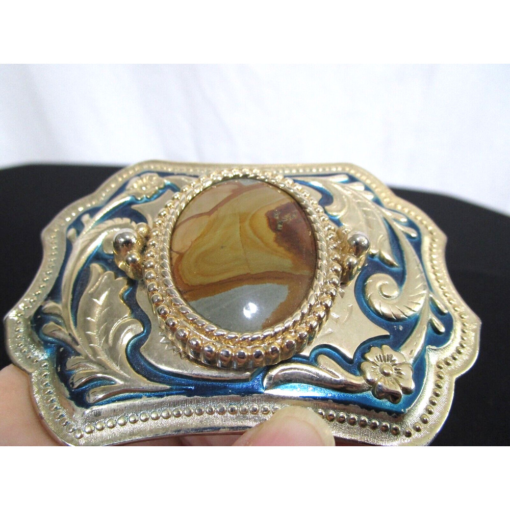 Vintage Blue & Gold Metal Agate Stone Western Belt Buckle Fits Up Up To 2" Belt - Picture 2 of 3